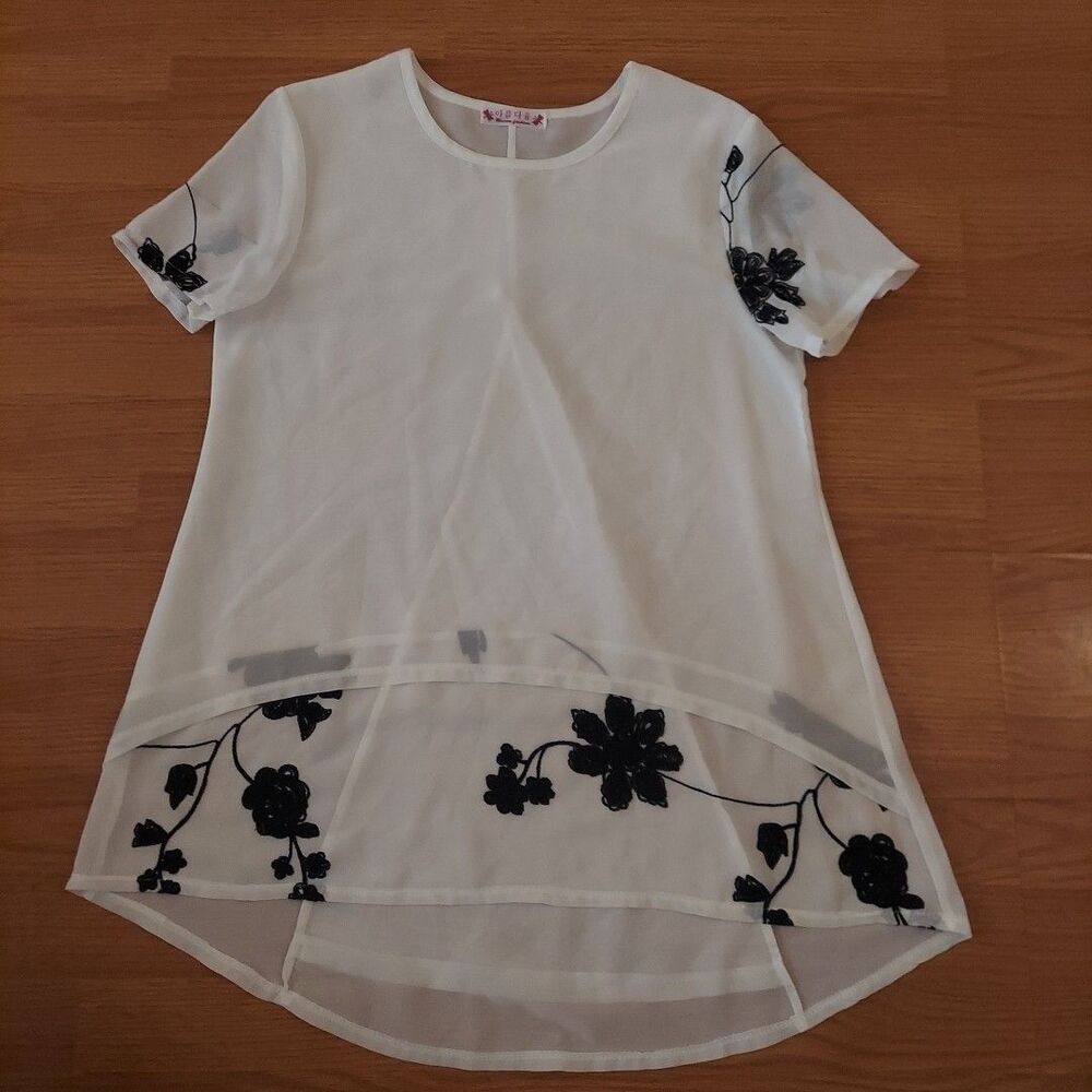 Women's White Sheer Layered Chiffon Tunic Top With Black Floral Embroidery